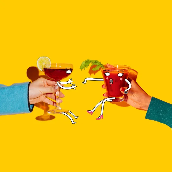 Contemporary art collage with drawings. Female hands holding glass with cocktails isolated on bright yellow background. Pop art, cartoon style — ストック写真