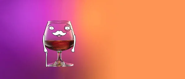 Creative collage with cognac ballon, glass with drawings isolated over gradient purple and orange color background in neon. Concept of alcohol, holidays, — Stock Photo, Image