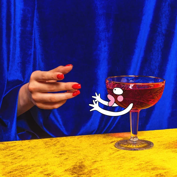 Hello darling. Cartoon. Female hand reaches for glass with manhattan cocktail isolated on bright yellow-blue neon background. Concept of taste, alcoholic drinks