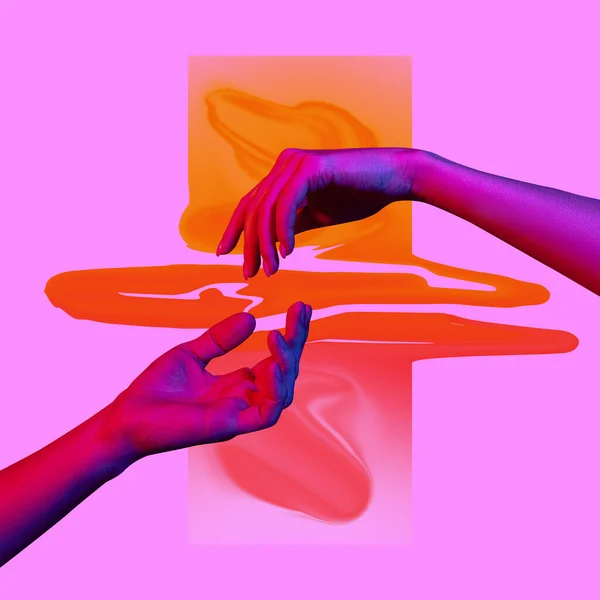 Contemporary art collage. Modern design work in neon trendy colors. Tender human hands. Stylish and fashionable composition. Light touch of hands. — 스톡 사진