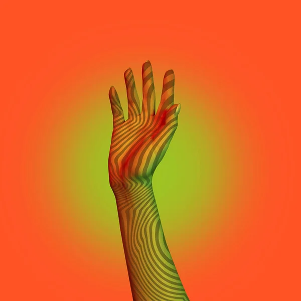 Uma mão humana pintada gesticulando isolada no fundo laranja. Conceito de relação humana, simbolismo, cultura. Obra de arte contemporânea — Fotografia de Stock