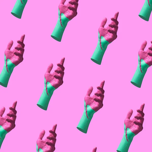 Collage sztuki nowoczesnej w stylu pop-art. Współczesna minimalistyczna grafika w neonowych odważnych kolorach z rękami. Różowy i zielony. Psychodeliczny wzór projektu. — Zdjęcie stockowe
