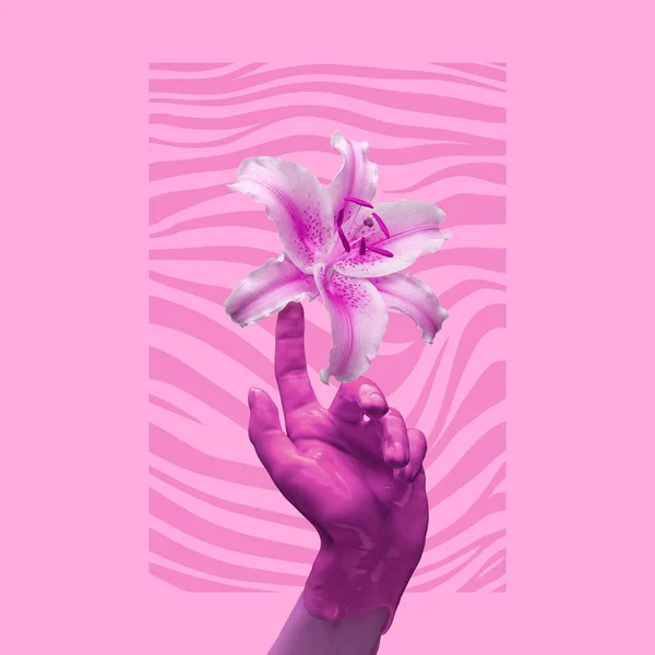 Mano dipinta toccare giglio fiore. Collage d'arte contemporanea. Lavoro di design moderno nei colori di tendenza al neon. Teneri mani umane. Composizione elegante e alla moda — Foto Stock