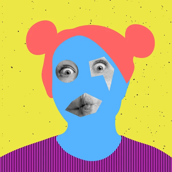 Współczesny kolorowy i konceptualny jasny kolaż artystyczny. Młoda kobieta robi śmieszne twarze izolowane na żółtym tle — Zdjęcie stockowe