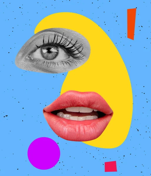 Contemporary colorful and conceptual bright art collage. Modern design. Beautiful female eye and lips, calm expression — стоковое фото