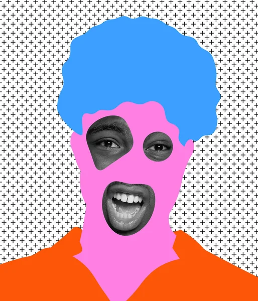 Collage d'arte contemporanea colorata e concettuale brillante. Allegro uomo sorridente coperto di disegni isolati su sfondo grigio — Foto Stock