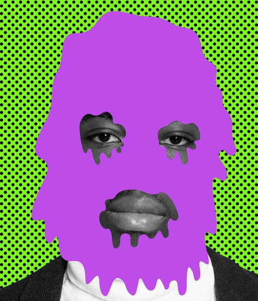 Contemporary art collage. Sad desperate man covered with purple falling down face paint isolated over green background — Photo