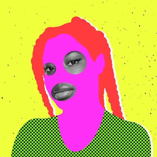 Contemporary art collage. Young woman with drawn face elements isolated over neon yellow background — 스톡 사진