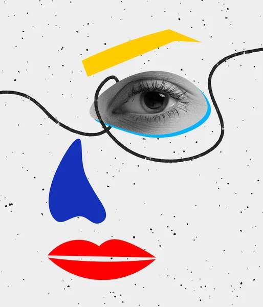 Сучасний барвистий і концептуальний яскравий мистецький колаж. Жіноче око і намальовані елементи обличчя ізольовані на сірому фоні — стокове фото