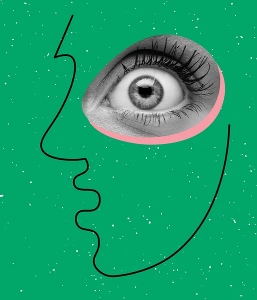 Contemporary colorful and conceptual bright art collage. Beautiful female eye and drawn face isolated over green background.l Line art —  Fotos de Stock