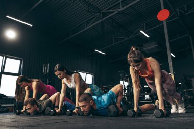 Spor yapan bir grup genç arkadaş, spor salonunda antrenman yapıyorlar. Dambıllarla tahtada dikiliyorum.