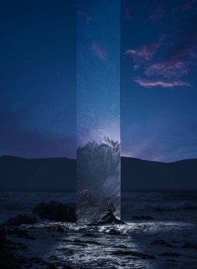 Deniz kıyısının gece manzarası ve fütüristik tasarım elementleriyle bulutlu akşam gökyüzü. Aygıt ekranınız, posteriniz ve resminiz için duvar kağıdı tasarımı