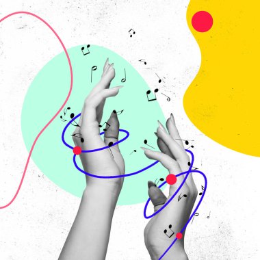 Çağdaş sanat kolajı. Müzik yaşam tarzı kavramı, yaratıcılık, ilham, hayal gücü, reklam. Kadın elleri soyut arkaplanda
