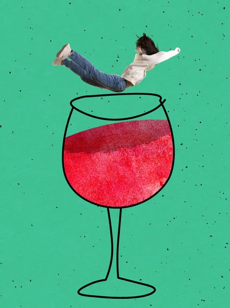 Contemporary art collage. Young woman falling into drawn glass of wine isolated over green background — ストック写真