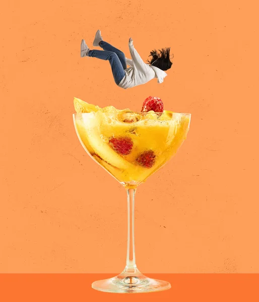 Contemporary art collage. Young woman falling into refreshing tasty cocktail with fruity taste isolated over orange background —  Fotos de Stock