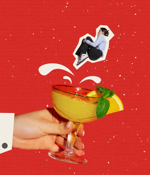 Contemporary art collage. Woman jumping into screwdriver cocktail isolated over bright red background. Concept of alcoholic taste. —  Fotos de Stock