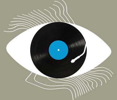 Işık arkaplanı üzerinde izole edilmiş retro vinil diski olan çağdaş sanat kolajı. Fikir kavramı, arzu, hayal gücü. Kart için tasarım, dergi kapağı