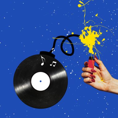 Mavi arka planda izole edilmiş retro vinil diski olan çağdaş sanat kolajı. Fikir kavramı, arzu, hayal gücü. Kart için tasarım, dergi kapağı