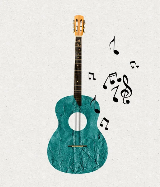 Sztuka współczesna kolaż rysowane gitara akustyczna i muzyka zauważyć izolowane na jasnym tle. Pojęcie idei, aspiracji, wyobraźni. Projekt karty, okładki czasopism — Zdjęcie stockowe