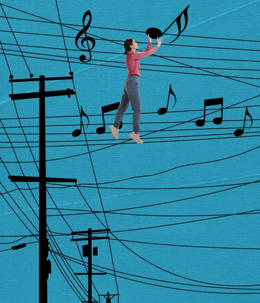 Contemporary art collage of young girl hanging drawn music notes on wires isolated over blue background. Concept of ideas, aspiration, imagination. — Stok fotoğraf