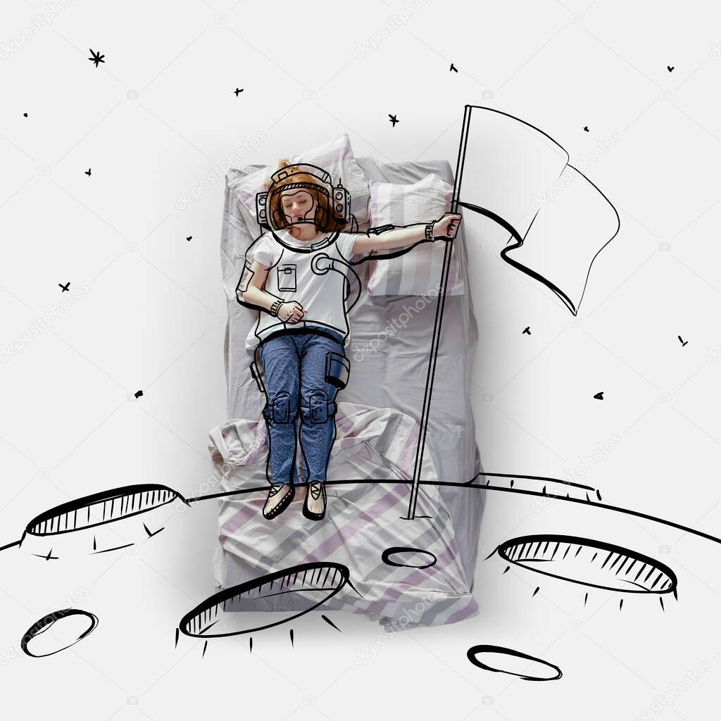 Creative image. Top view of young woman lying on bed, sleeping, dreaming about conquering space, moon