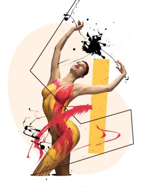 Contemporary art collage. Tender woman covered with red and yellow thick paint isolated over white background.