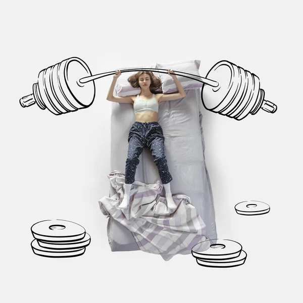 Creative image. Top view of young woman lying on bed, sleeping, dreaming about lifting barbells. Sport lifestyle — Stock Photo, Image