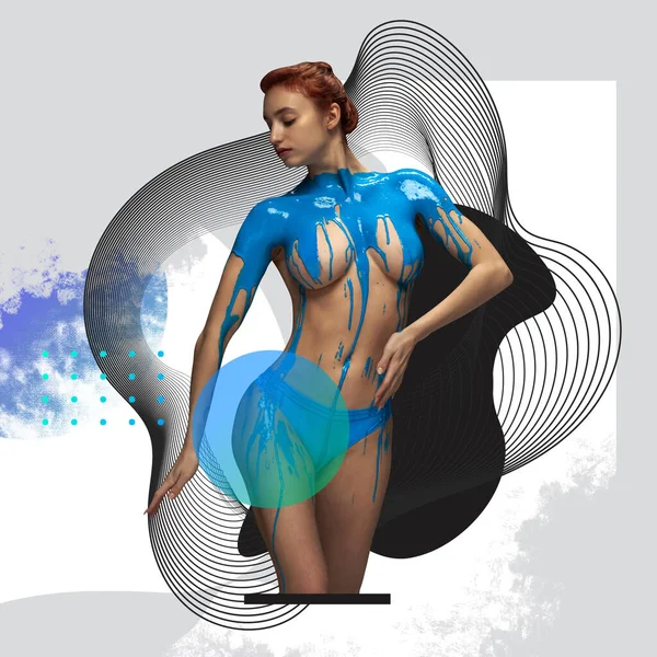 Contemporary art collage. Beautiful woman covered with blue paint isolated over grey background with graphic elements — Stock Photo, Image