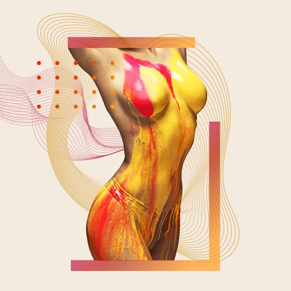 Contemporary art collage. Cropped slim female body covered with red and yellow paint isolated over beige background — Stockfoto