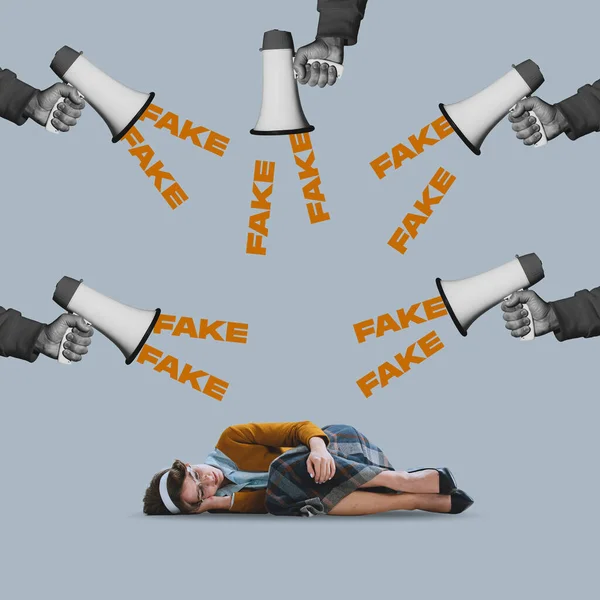 Contemporary art collage. Desperate woman lying around many hands with megaphones talking fake news isolated over grey background —  Fotos de Stock