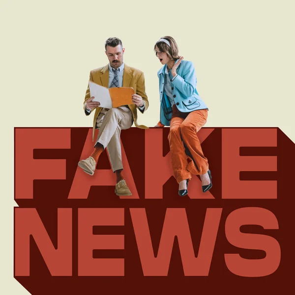 Contemporary art collage. Young man and woman reading fake news on newspaper. Disinformation and manipulation —  Fotos de Stock