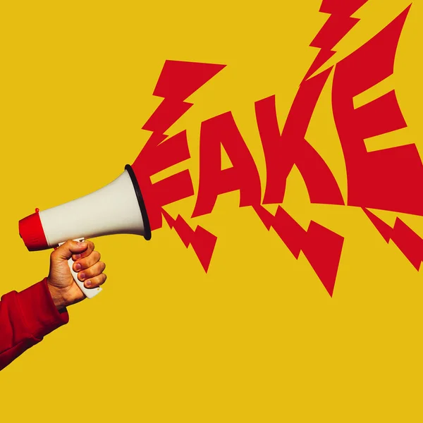 Contemporary art collage. Megaphone spreading fake news isolated over yellow backgroud — Stockfoto
