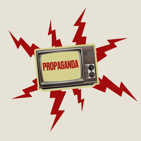 Contemporary art collage. Retro TV set spreading propaganda, fake news isolated over grey background — стокове фото