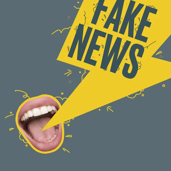 Çağdaş sanat kolajı. Kadın ağzı sahte haberler yayıyor, yanlış bilgiler gri arka planda izole edilmiş.