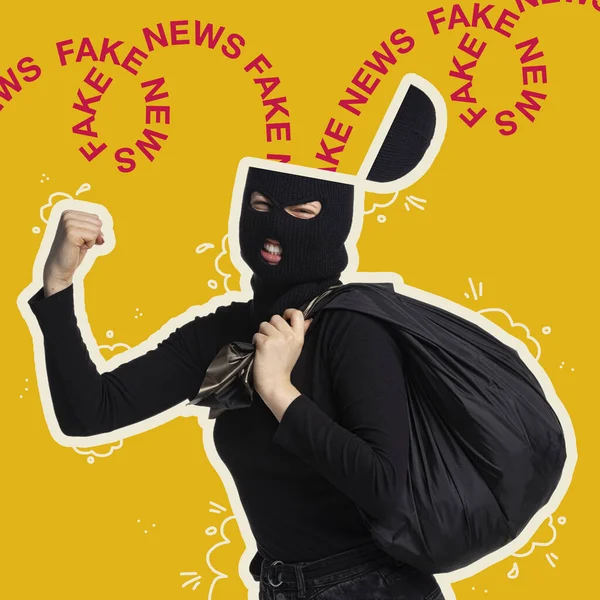 Contemporary art collage. Woman in black suit and balaclava, thief spreading fake information isolated over yellow background — 스톡 사진