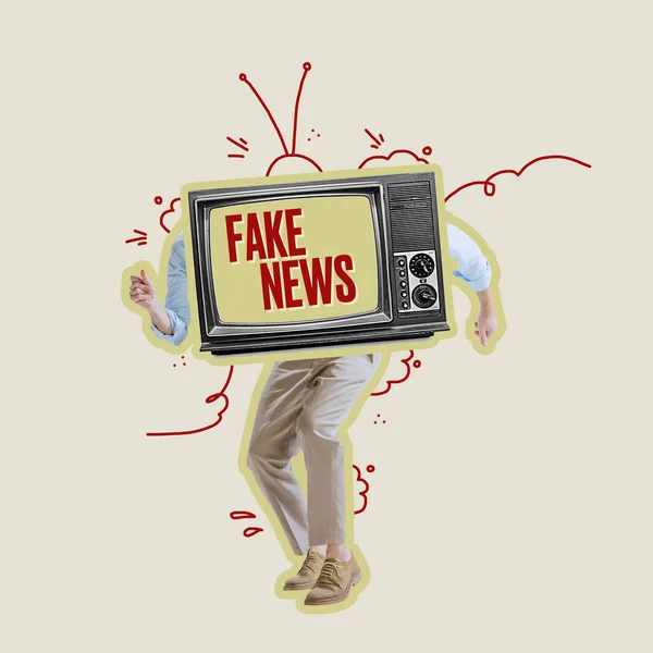 Contemporary art collage. Man with retro TV set head dancing, spreading fake news isolated over grey background — Stockfoto