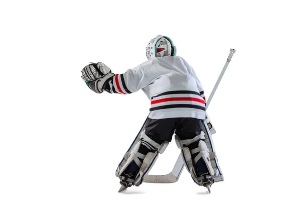Back view portrait of young boy, child, hockey player training isolated over white studio background — 스톡 사진