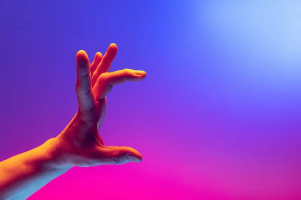 Menselijke hand gebaren geïsoleerd op gradiënt paars-roze achtergrond in neon licht. Begrip gebarentaal, creativiteit, symboliek, cultuur en kunst — Stockfoto