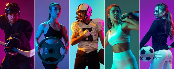 Collage di sportivi professionisti in uniforme sportiva isolati su fondo multicolore in luce al neon. Volantino. Pubblicità, concetto di vita sportiva — Foto Stock