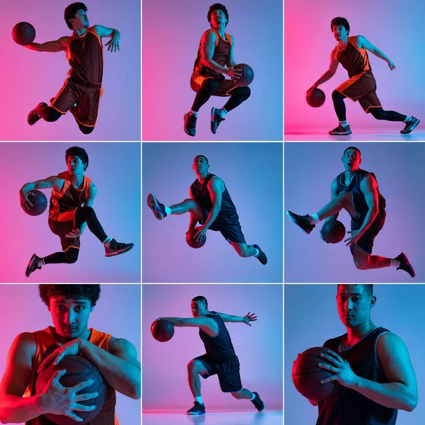 Stel beelden van jonge energieke mannen basketbal geïsoleerd op gradiënt roze blauwe studio achtergrond in neon licht. Jeugd, hobby, beweging, activiteit, sportconcepten. — Stockfoto