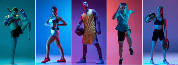 Колаж професійних спортсменів у спортивній формі ізольований на різнокольоровому фоні в неоновому світлі. Флаєр. Реклама, концепція спортивного життя — стокове фото