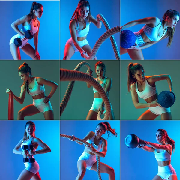 一组在霓虹灯下用绿色和蓝色背景隔离的运动器材进行体育锻炼的女运动员的肖像。体育、行动、健身、青年概念. — 图库照片