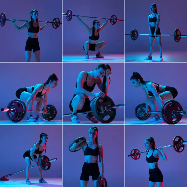 ネオンの光の中で紫色の背景に隔離された鐘とスポーツウェアの訓練で筋肉質の女性の肖像画で作られたポスター。スポーツ、重量挙げの概念。コラージュ — ストック写真