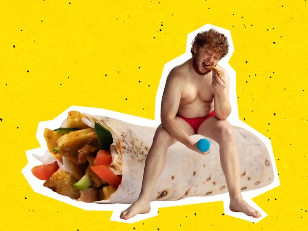 Collage Arte Contemporáneo Hombre Gordo Sin Camisa Sentado Shawarma Gigante — Foto de Stock