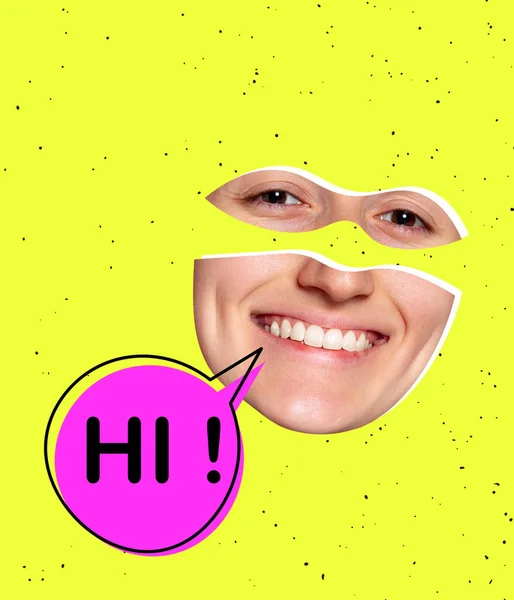 Contemporary art collage. Young smiling woman wearing mask of a superhero isolated over bright yellow background — Stok Foto