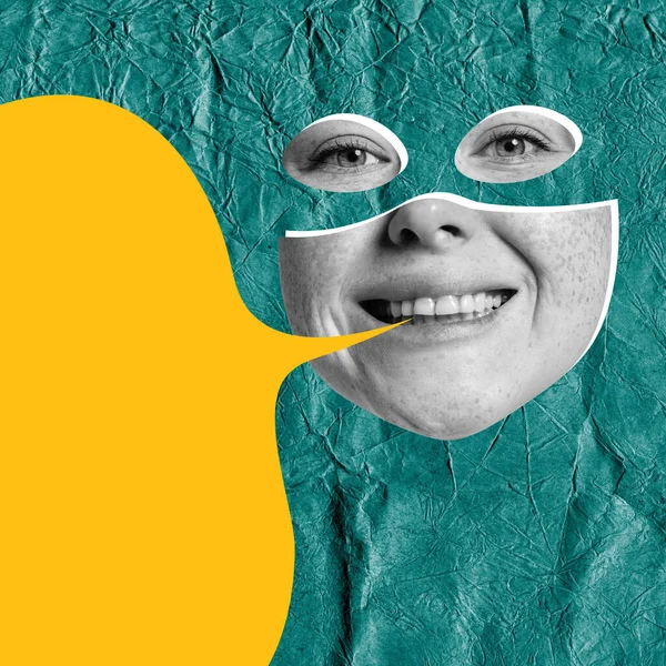 Contemporary art collage. Smiling woman wearing superhero mask isolated over green background with yellow speech bubble — Stockfoto