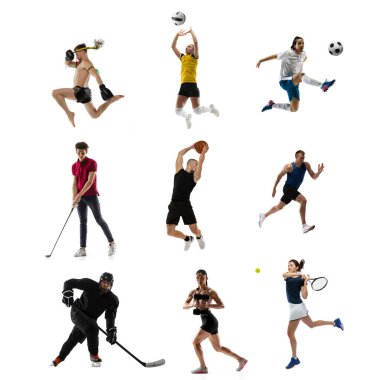Spor kolajı. Tenis, koşu, futbol ve Amerikan futbolu, basketbol, golf, voleybol, hokey ve MMA dövüşçüleri. Spor takımı etkinliği konsepti