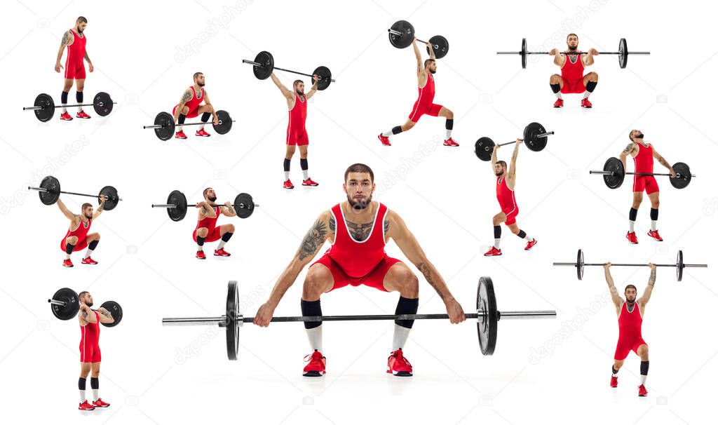 Set of portraits of sportive man, weightlifter training, lifting heavy barbell isolated over white studio background
