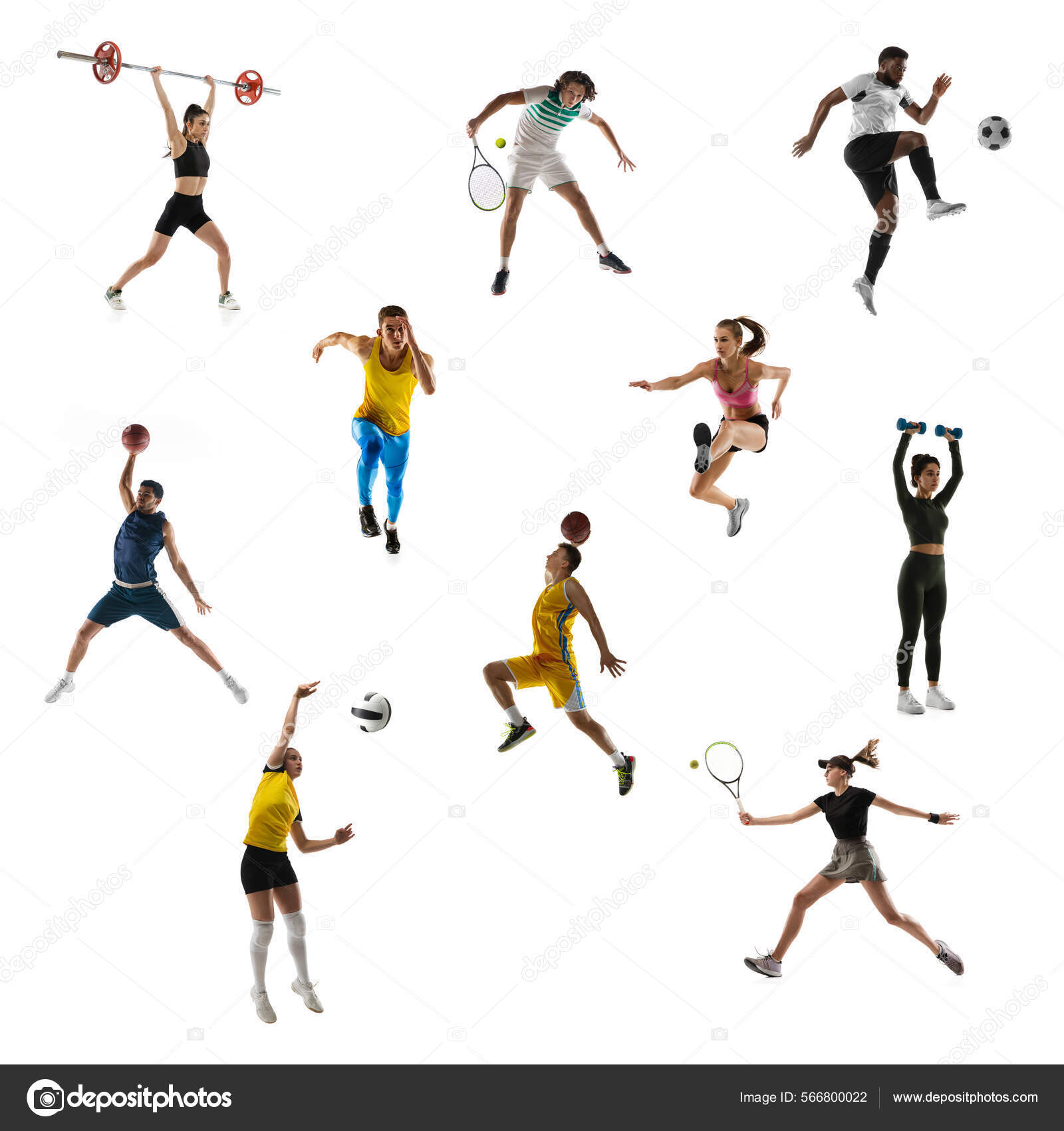 Sport collage. Tennis, running, badminton, soccer or football