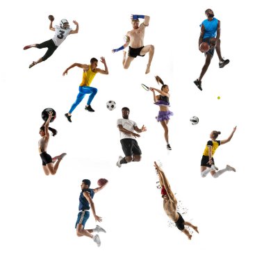 Sport collage. Tennis, swimming, badminton, soccer and american football, basketball, handball, volleyball, fitness and MMA boxer.